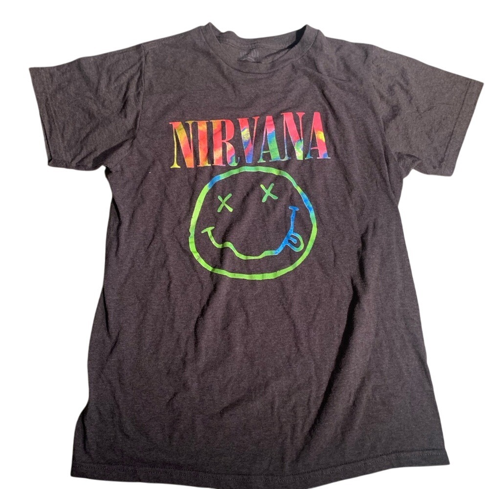 Nirvana‎ Colorful Smiley Face T-shirt Size L on Nirvana Smiley Label